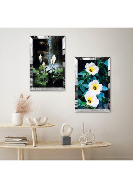 Gümüş Aynalı Pleksi Çerçeveli Soyut Bitkiler Ikili Mdf Tablo Seti fiyatları