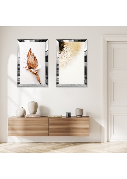 Gümüş Aynalı Pleksi Çerçeveli Beyaz Arka Planlı Kurumuş Çiçekler Dekoratif Ikili Mdf Tablo Seti