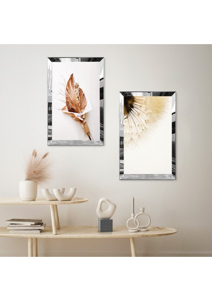 Gümüş Aynalı Pleksi Çerçeveli Beyaz Arka Planlı Kurumuş Çiçekler Dekoratif Ikili Mdf Tablo Seti fiyatları