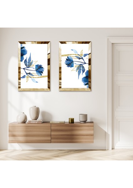 Gold Aynalı Pleksi Çerçeveli Beyaz Arka Planlı Mavi Soyut Çiçekler Ikili Mdf Tablo Seti