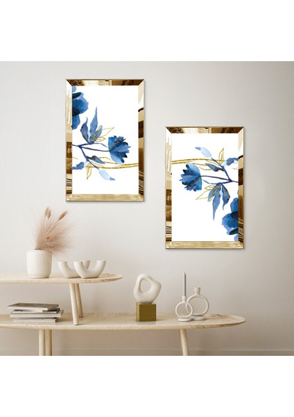 Gold Aynalı Pleksi Çerçeveli Beyaz Arka Planlı Mavi Soyut Çiçekler Ikili Mdf Tablo Seti fiyatları