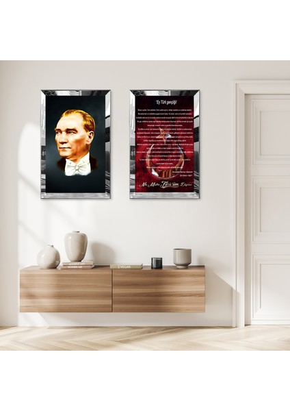 Gümüş Aynalı Pleksi Çerçeveli Gençliğe Hitabe ve Istiklal Marşı Ikili Mdf Tablo Seti