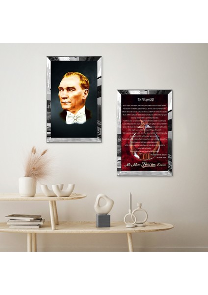 Gümüş Aynalı Pleksi Çerçeveli Gençliğe Hitabe ve Istiklal Marşı Ikili Mdf Tablo Seti fiyatları