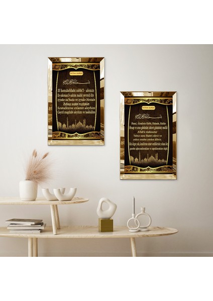 Gold Aynalı Pleksi Çerçeveli Fatiha Suresi Türkçe Yazılımı ve Meali Ikili Mdf Tablo Seti fiyatları