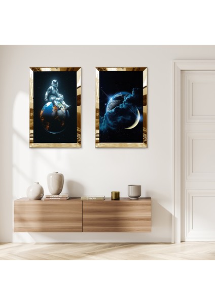 Gold Aynalı Pleksi Çerçeveli Astronot Dekoratif Ikili Mdf Tablo Seti