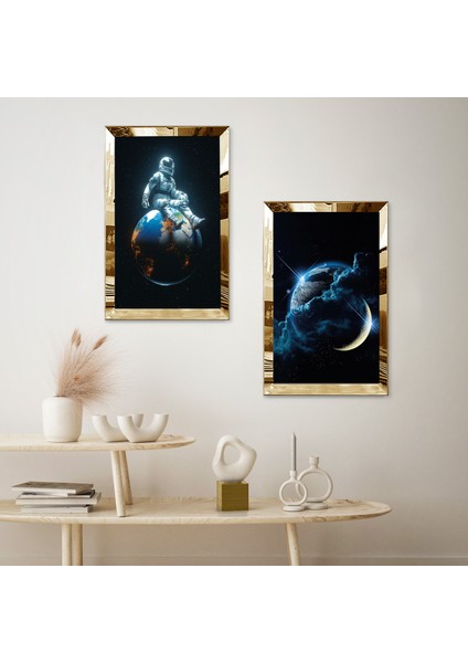 Gold Aynalı Pleksi Çerçeveli Astronot Dekoratif Ikili Mdf Tablo Seti fiyatları