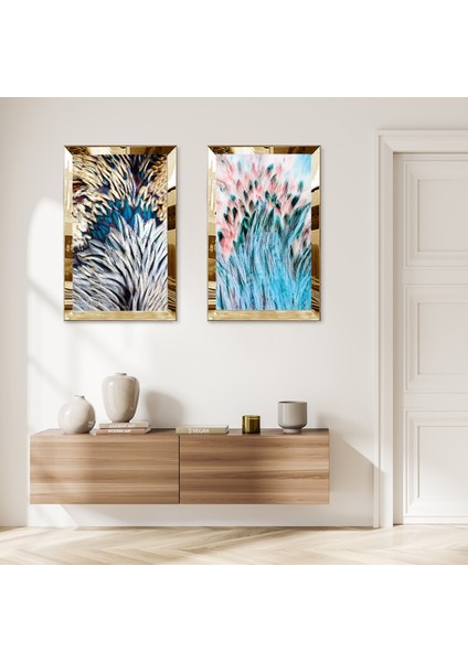 Gold Aynalı Pleksi Çerçeveli Beyaz Mavi Çiçekler Ikili Mdf Tablo Seti