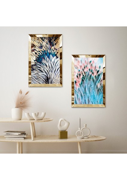 Gold Aynalı Pleksi Çerçeveli Beyaz Mavi Çiçekler Ikili Mdf Tablo Seti fiyatları