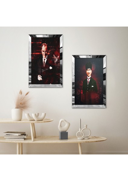 Gümüş Aynalı Pleksi Çerçeveli Atatürk Dekoratif Ikili Mdf Tablo Seti fiyatları