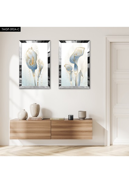 Gümüş Aynalı Pleksi Çerçeveli Mavi Soyut Çiçek Dekoratif Ikili Mdf Tablo Seti