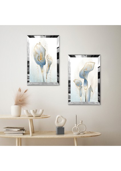 Gümüş Aynalı Pleksi Çerçeveli Mavi Soyut Çiçek Dekoratif Ikili Mdf Tablo Seti fiyatları