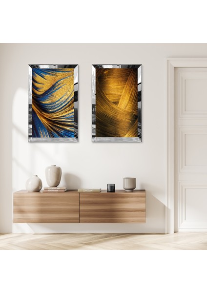 Gümüş Aynalı Pleksi Çerçeveli Mavi Altın Kum Desenleri ve Altın Soyut Desenli Ikili Mdf Tablo Seti