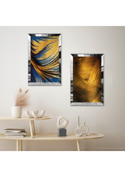 Gümüş Aynalı Pleksi Çerçeveli Mavi Altın Kum Desenleri ve Altın Soyut Desenli Ikili Mdf Tablo Seti fiyatları