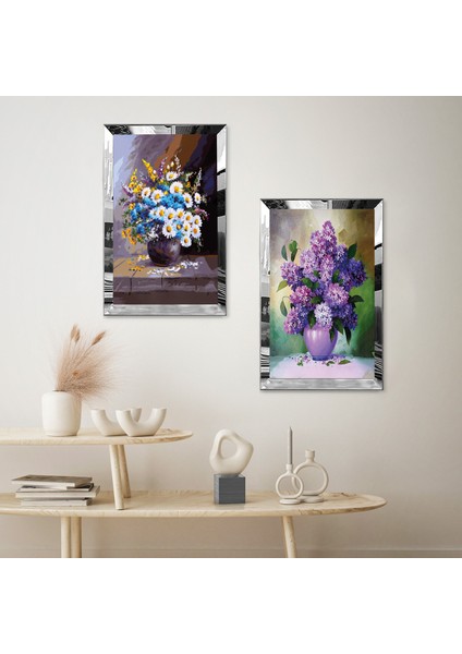 Gümüş Aynalı Pleksi Çerçeveli Yağlı Boya Görünümlü Renkli Çiçekler ve Vazolar Ikili Mdf Tablo Seti fiyatları