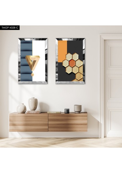Gümüş Aynalı Pleksi Çerçeveli Renkli Arka Planlı Modern Soyut Şekiller Ikili Mdf Tablo Seti