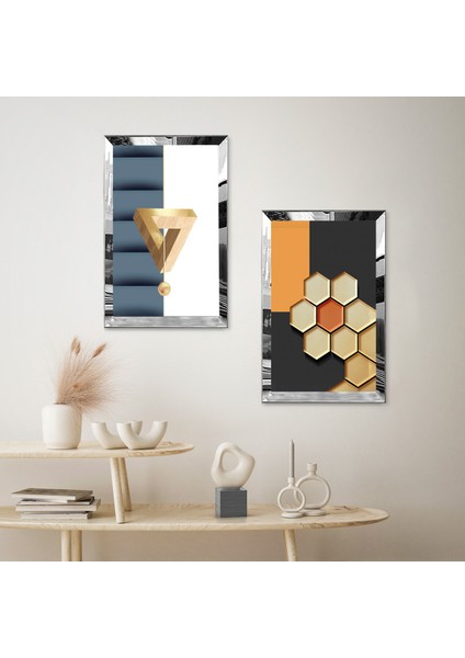 Gümüş Aynalı Pleksi Çerçeveli Renkli Arka Planlı Modern Soyut Şekiller Ikili Mdf Tablo Seti fiyatları