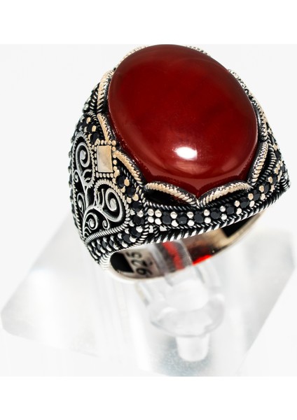 El Işçiliği Osmanlı Desenli Kırmızı Akik Taşlı 925 Ayar Gümüş Erkek Yüzük – Güç ve Zarafetin Buluşması fiyatları