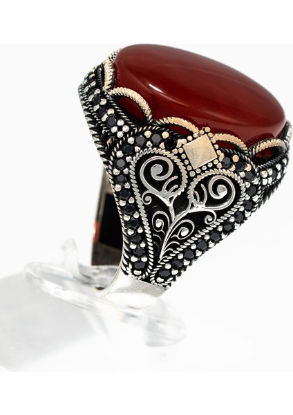 El Işçiliği Osmanlı Desenli Kırmızı Akik Taşlı 925 Ayar Gümüş Erkek Yüzük – Güç ve Zarafetin Buluşması modelleri