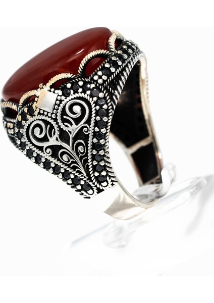 El Işçiliği Osmanlı Desenli Kırmızı Akik Taşlı 925 Ayar Gümüş Erkek Yüzük – Güç ve Zarafetin Buluşması fırsatları