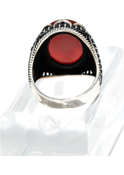 El Işçiliği Osmanlı Desenli Kırmızı Akik Taşlı 925 Ayar Gümüş Erkek Yüzük – Güç ve Zarafetin Buluşması