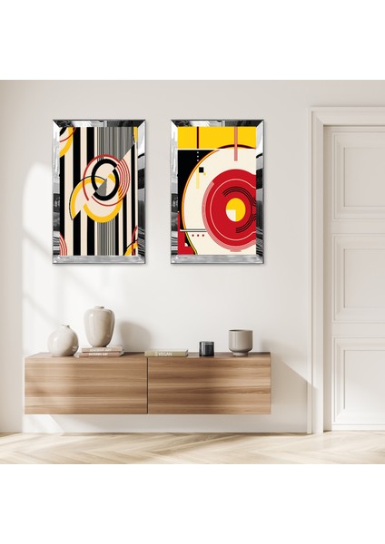 Gümüş Aynalı Pleksi Çerçeveli Minimalist Şekiller Ikili Mdf Tablo Seti
