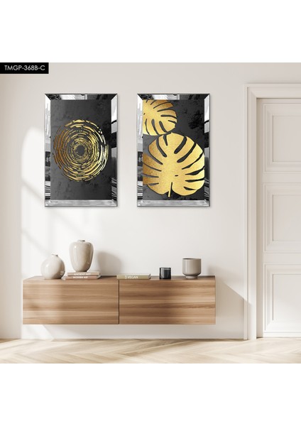 Gümüş Aynalı Pleksi Çerçeveli Siyah Arka Planlı Gold Çiçekler Ikili Mdf Tablo Seti