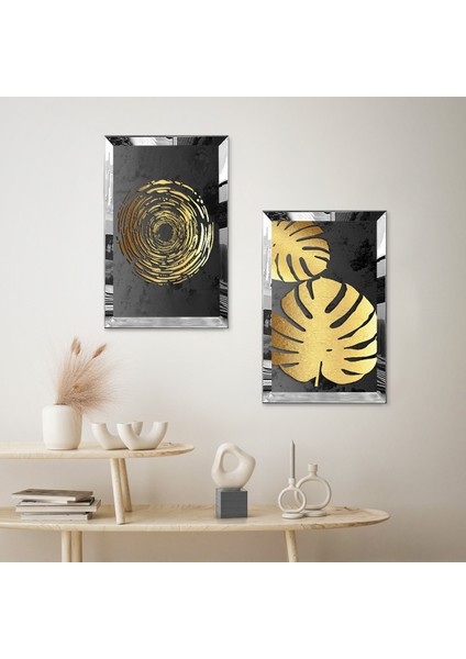 Gümüş Aynalı Pleksi Çerçeveli Siyah Arka Planlı Gold Çiçekler Ikili Mdf Tablo Seti fiyatları