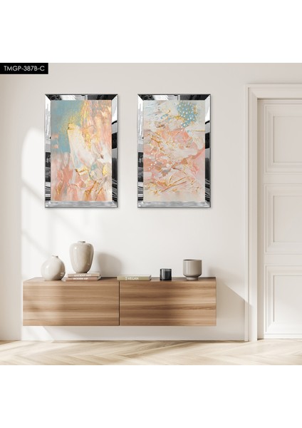 Gümüş Aynalı Pleksi Çerçeveli Renkli Arka Planlı Soyut Desenler Ikili Mdf Tablo Seti