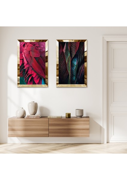 Gold Aynalı Pleksi Çerçeveli Kırmızı Yapraklar Ikili Mdf Tablo Seti