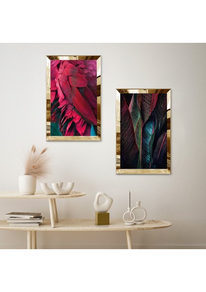 Gold Aynalı Pleksi Çerçeveli Kırmızı Yapraklar Ikili Mdf Tablo Seti fiyatları