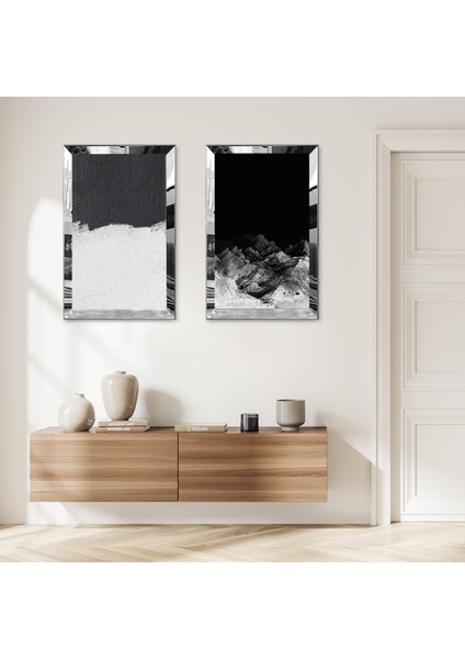 Gümüş Aynalı Pleksi Çerçeveli Siyah ve Beyaz Soyut Desenli Ikili Mdf Tablo Seti