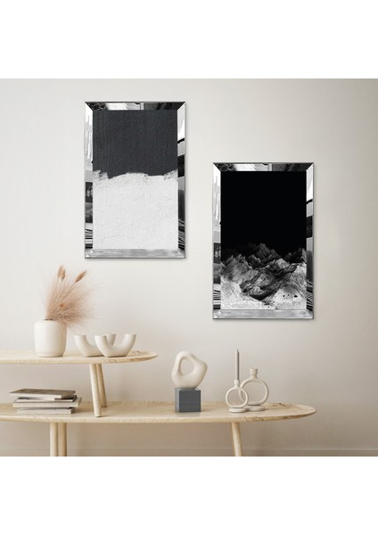 Gümüş Aynalı Pleksi Çerçeveli Siyah ve Beyaz Soyut Desenli Ikili Mdf Tablo Seti fiyatları