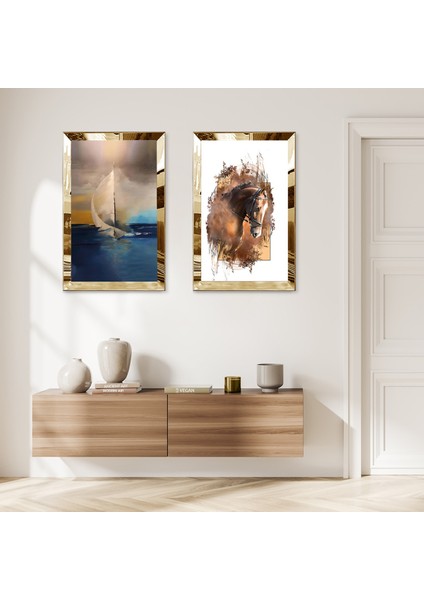 Gold Aynalı Pleksi Çerçeveli Denzide Kayık Ikili Mdf Tablo Seti