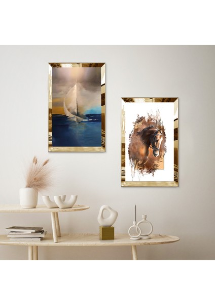 Gold Aynalı Pleksi Çerçeveli Denzide Kayık Ikili Mdf Tablo Seti fiyatları