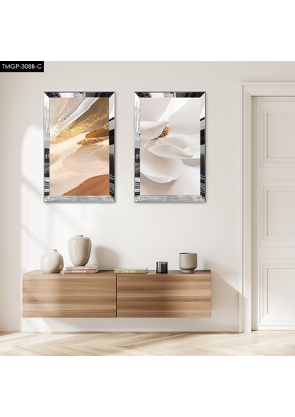 Gümüş Aynalı Pleksi Çerçeveli Beyaz Dekoratif Ikili Mdf Tablo Seti