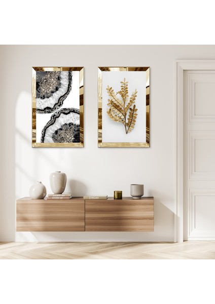 Gold Aynalı Pleksi Çerçeveli Beyaz Arka Planlı Gold Çiçek Desenli Modern Ikili Mdf Tablo Seti
