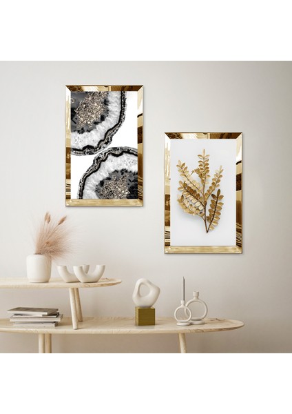Gold Aynalı Pleksi Çerçeveli Beyaz Arka Planlı Gold Çiçek Desenli Modern Ikili Mdf Tablo Seti fiyatları