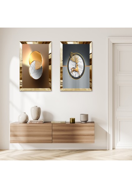 Gold Aynalı Pleksi Çerçeveli Renkli Arka Planlı Dekoratif Geğik Ikili Mdf Tablo Seti