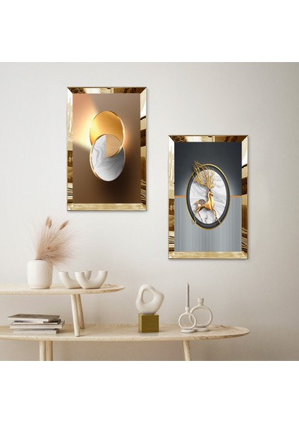 Gold Aynalı Pleksi Çerçeveli Renkli Arka Planlı Dekoratif Geğik Ikili Mdf Tablo Seti fiyatları