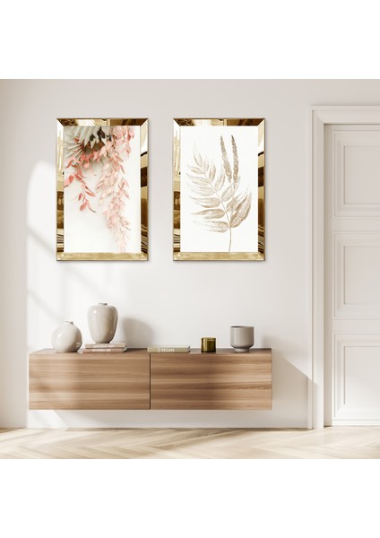 Gold Aynalı Pleksi Çerçeveli Beyaz Arka Planlı Dekoratif Çiçek Ikili Mdf Tablo Seti