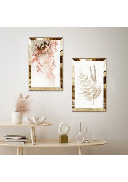 Gold Aynalı Pleksi Çerçeveli Beyaz Arka Planlı Dekoratif Çiçek Ikili Mdf Tablo Seti fiyatları