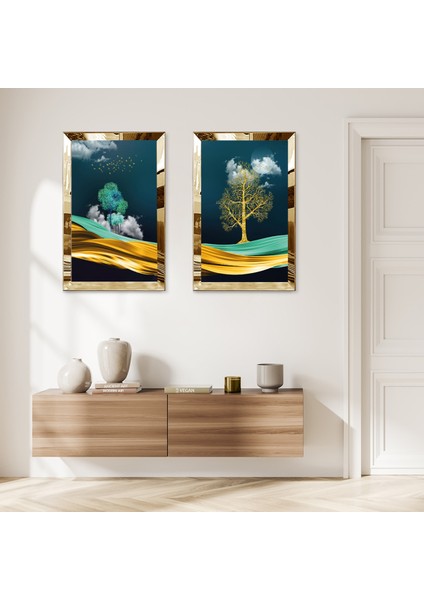 Gold Aynalı Pleksi Çerçeveli Gece Ağaç Manzaralı Modern Ikili Mdf Tablo Seti