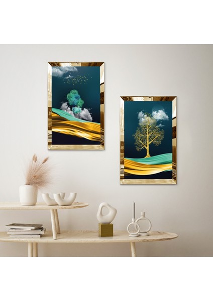 Gold Aynalı Pleksi Çerçeveli Gece Ağaç Manzaralı Modern Ikili Mdf Tablo Seti fiyatları