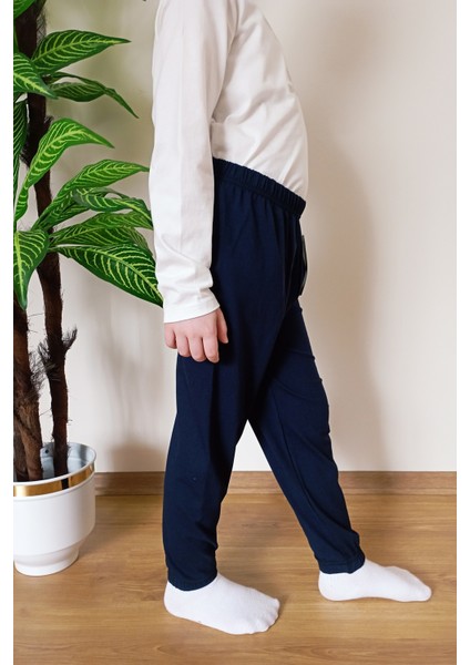 Çocuk Lacivert Yazlık Pamuklu Paçası Lastikli Esnek Penye Pijama Altı