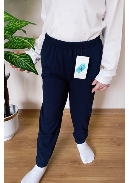 Çocuk Lacivert Yazlık Pamuklu Paçası Lastikli Esnek Penye Pijama Altı