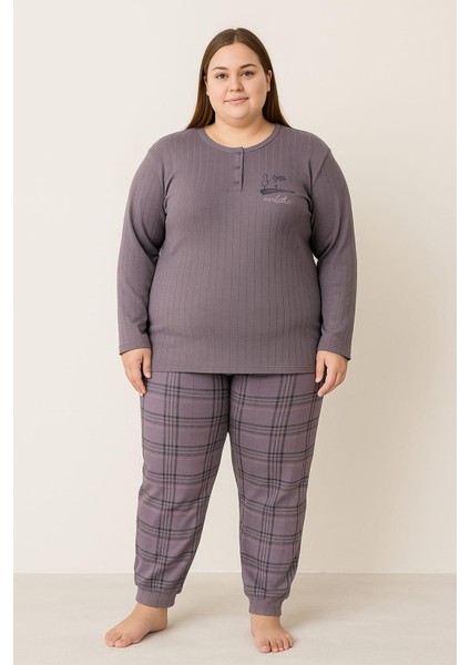 Kadın 0267 Büyük Beden Raporlu Pijama Takımı Füme