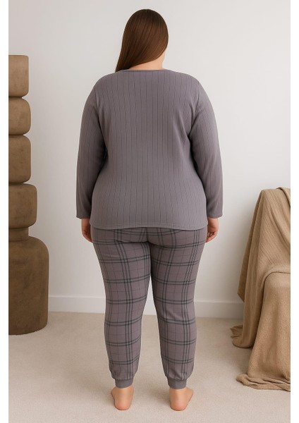 Kadın 0267 Büyük Beden Raporlu Pijama Takımı Füme fiyatları