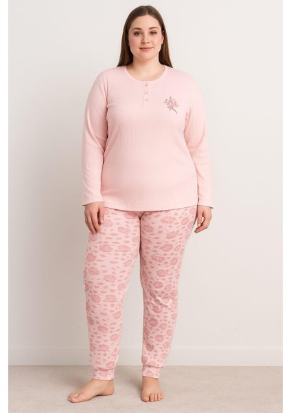Kadın 0330 Büyük Beden Raporlu Pijama Takımı Pembe