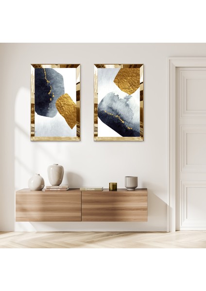 Gold Aynalı Pleksi Çerçeveli Beyaz Arka Planlı Siyah ve Gold Soyut Şekiller Ikili Mdf Tablo Seti