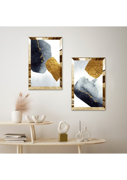 Gold Aynalı Pleksi Çerçeveli Beyaz Arka Planlı Siyah ve Gold Soyut Şekiller Ikili Mdf Tablo Seti fiyatları